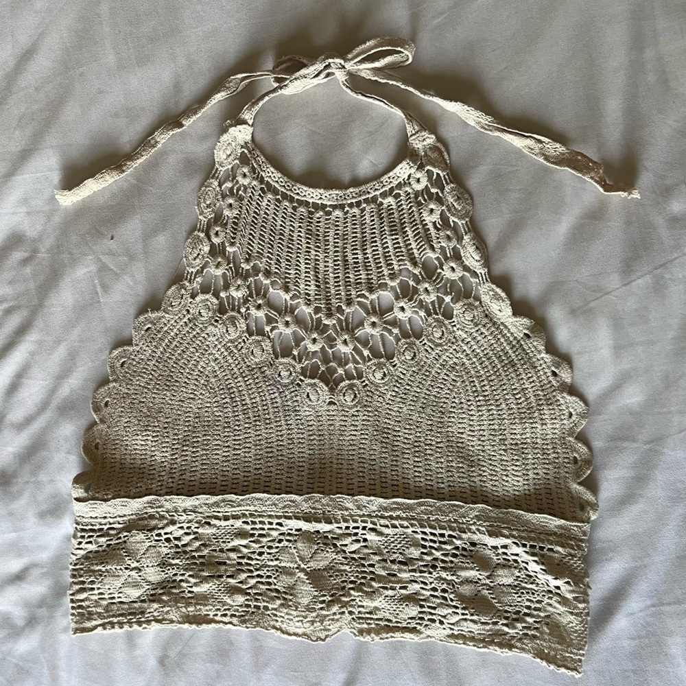 Zara Trafaluc Crochet Halter Top in Cream